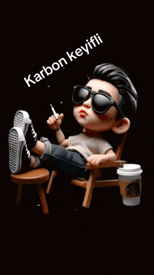a cartoon character is sitting in a chair smoking a cigarette with the words karbon keyifi written above him