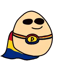 a cartoon egg is wearing a cape and a belt with the letter d on it