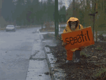 a chimpanzee holding a sign that says seeatil