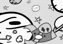 a black and white drawing of a cartoon character with stars and planets