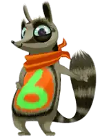 a cartoon drawing of a raccoon with a scarf around his neck and the number 6 on his belly
