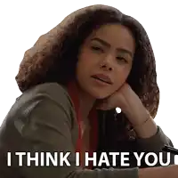 a woman says i think i hate you in a sticker