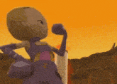 a cartoon character in a purple outfit is flexing her muscles in front of an orange sky .