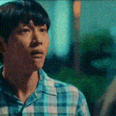 a young man wearing a blue and white plaid shirt is looking at something .