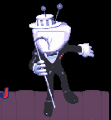 a pixel art of a robot in a tuxedo and top hat