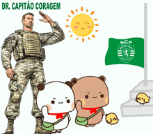 a man in a military uniform salutes in front of a green flag that says scp portugal