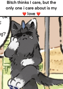 a cartoon of a cat wearing sunglasses with the words " bitch thinks i care " on the bottom