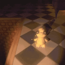 a cartoon duck is sitting on a checkered floor