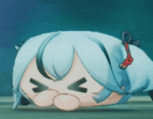 a cartoon character with blue hair is laying down with an angry face on her face .