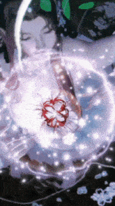 a woman in a white dress is surrounded by a purple flower