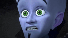 a cartoon character with blue hair and green eyes