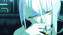 a woman with white hair smoking a cigarette