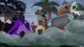 a cartoon scene with a palm tree and a video game controller in the foreground