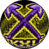 a pixel art of a purple and yellow sphere with a x on it