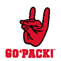 a go ' pack logo with a red hand making a horns sign