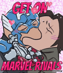 a cartoon of captain america and bucky barnes kissing .