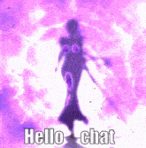 a purple silhouette of a woman with the words hello chat on the bottom