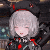 a girl wearing a black hat with a red emblem that says ' sniper ' on it