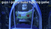 buzz lightyear from toy story is sitting in a spaceship with the words guys i gonna make fighting game above him