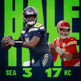 seahawks quarterback russell wilson and chiefs quarterback patrick mahomes are shown on a poster