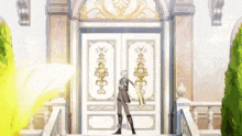 a man is standing in front of a door with a sword .