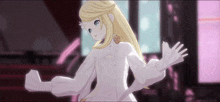 a girl with blonde hair and blue eyes is wearing a white dress and gloves