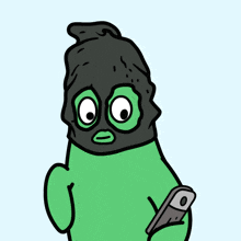 a cartoon drawing of a green frog wearing a gas mask and holding a knife