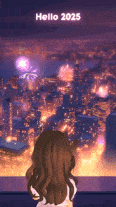 a girl looking at fireworks with the words hello 2025 written above her