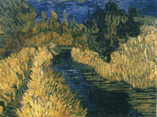 a painting of a river with trees and grass in the foreground