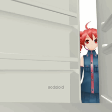 a girl with red hair is peeking out of an empty refrigerator with the word sodaloid written on the bottom