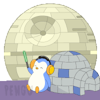 a cartoon of a penguin holding a light saber in front of an igloo and a star wars death star