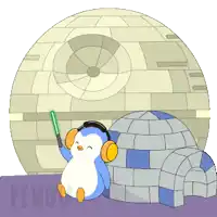 a cartoon of a penguin holding a light saber in front of an igloo and a star wars death star
