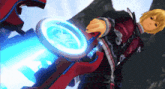 a video game character is holding a sword with a blue circle around it
