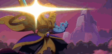 a cartoon character is holding a sword in front of a mountain .
