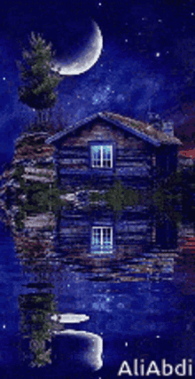a picture of a house with a crescent moon in the background