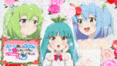 three anime girls standing next to each other with a sign that says level max