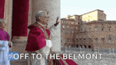 a man in a purple robe is standing in front of a building with the words off to the belmont written on the bottom