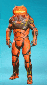 a robot with a pumpkin on his head is standing on a blue background