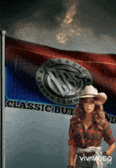 a woman in a cowboy hat stands in front of a flag that says classic