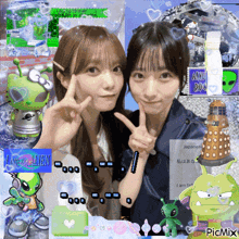 two girls are posing for a picture with a sign that says i am an alien on it