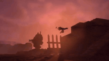 a silhouette of a person jumping over a fence in a video game .