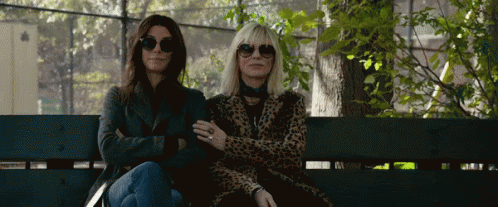 Sandra Bullock and Kate Blanchett, from Ocean's 8. They're sitting on a park bench, sunglasses, Kate is patting Sandra's arm.