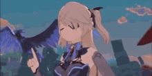 two anime girls are standing next to each other and one is pointing at a bird .