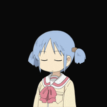 a cartoon girl with blue hair has her eyes closed and a box in her hair