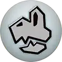 a white button with a black and white drawing of a chicken on it .