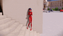 a cartoon girl with blue hair is standing in front of a wall with her eyes closed