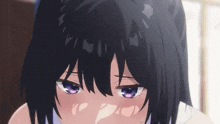 a girl with black hair and purple eyes has a cat ear on her head