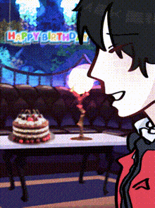 a cartoon of a man standing in front of a birthday cake