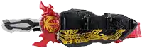 a red , black , and gold toy with a sword on it is on a white background .