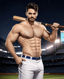 a shirtless baseball player is holding a bat with the letter a on the end